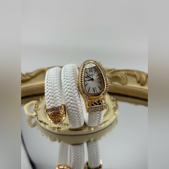 White Braided Wrap Watch with Gold & Crystal Accents – Bracelet Style - Picture 5 of 9